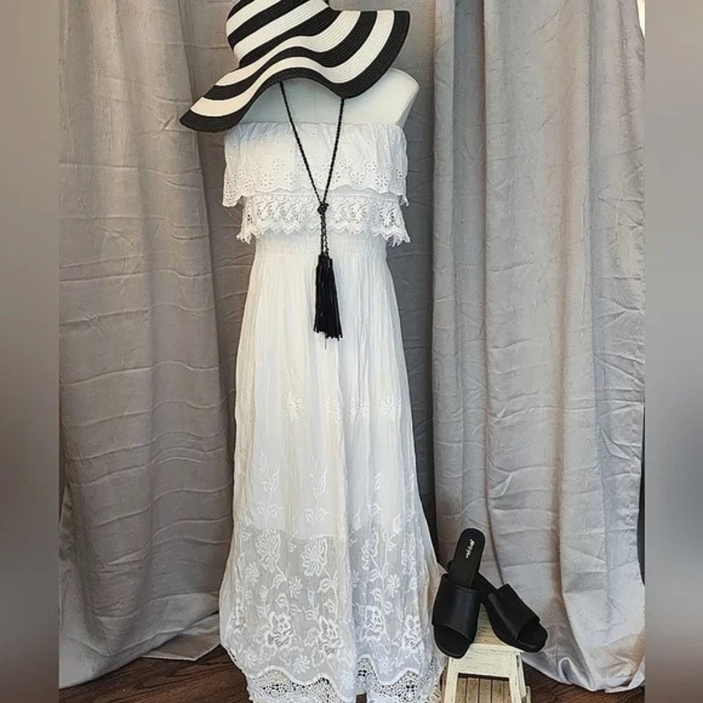 Le Marais Paris White Boho Maxi Summer Dress, Women's Size Mid